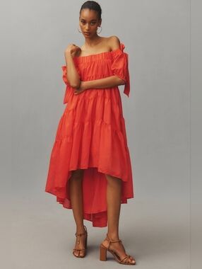 Anthropologie Off-The-Shoulder Tiered Midi Dress Size L Red Orange NWT